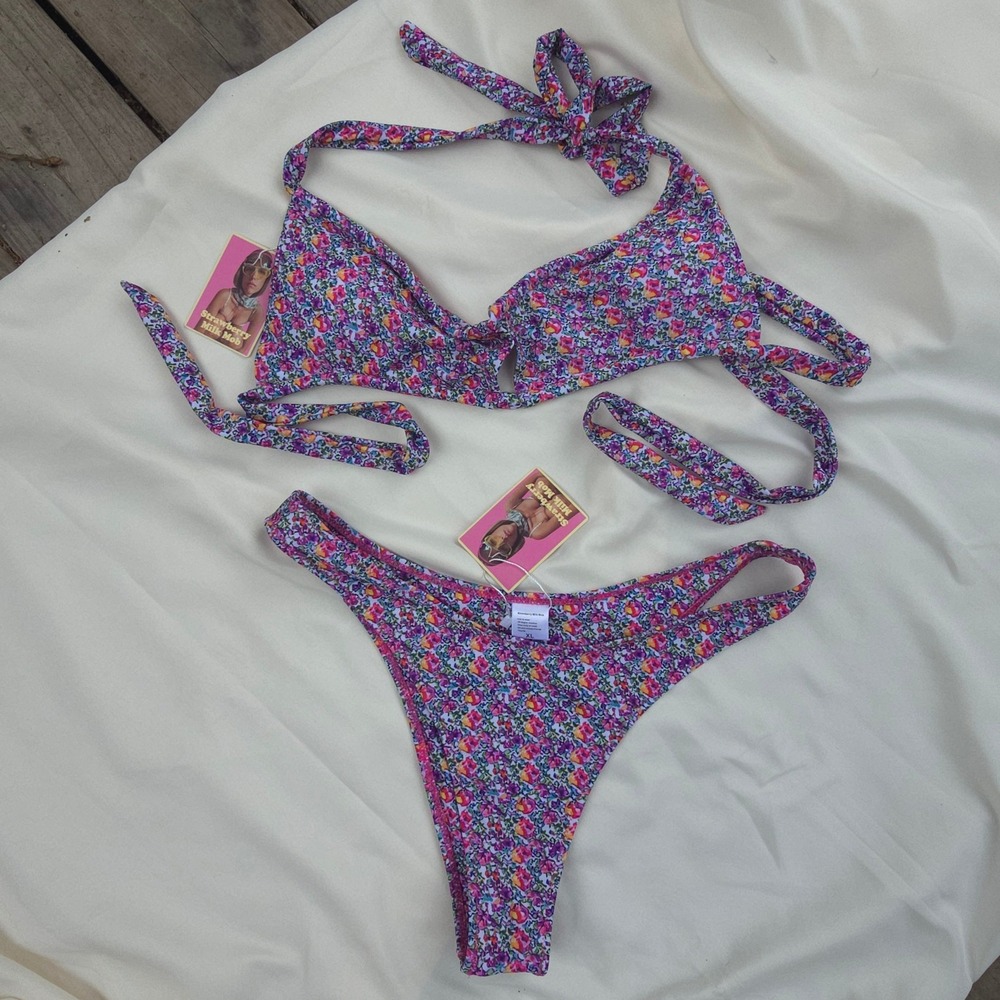 Strawberry Milk Mob Floral Bikini Set Purple Pink Multiway Tie High Cut XL NEW